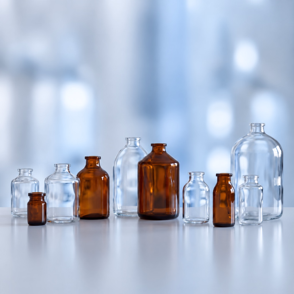 Group of molded glass vials for injections.