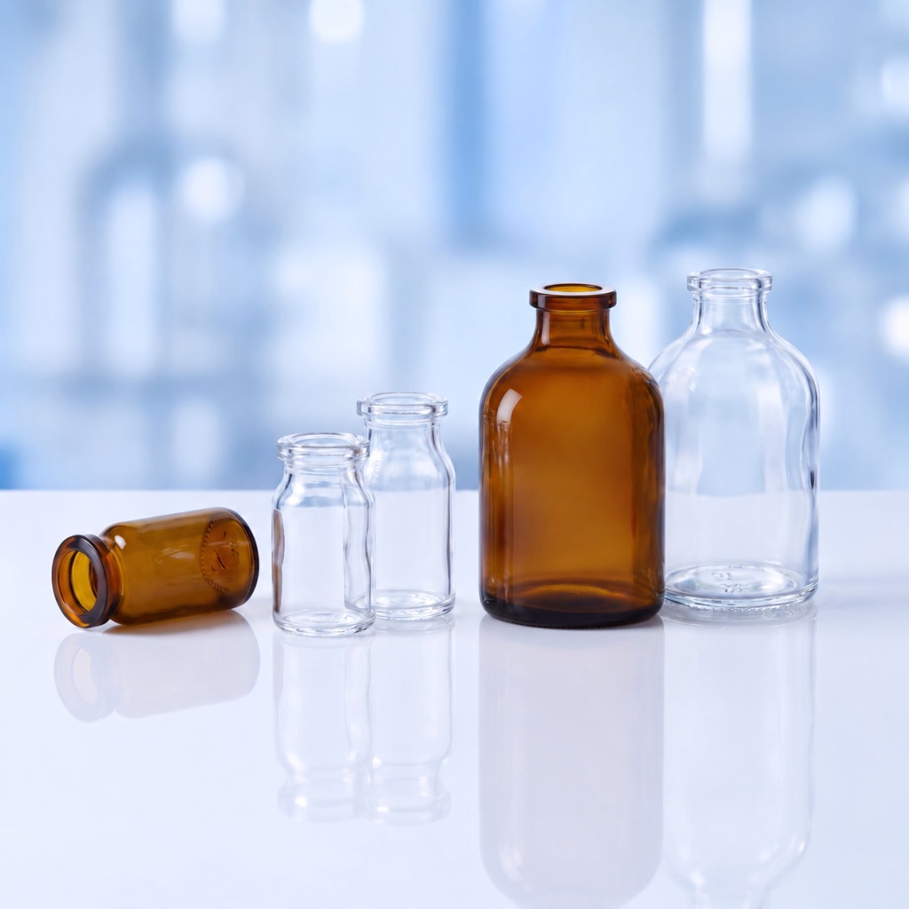 Group of molded glass ISO vials and molded glass vials for injections.