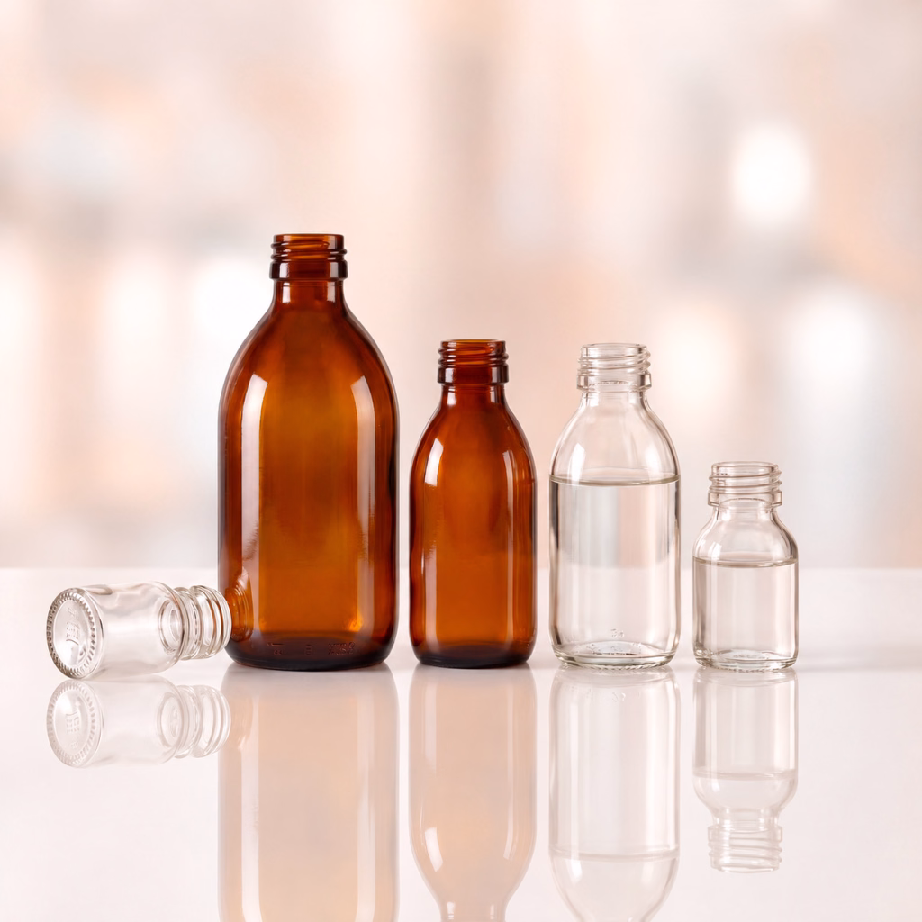 Group of molded glass bottles for antibiotics.