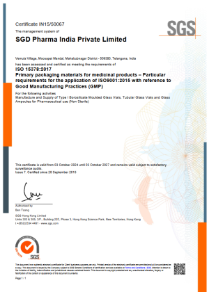 SGD Pharma India-ISO 15378-2017 certificate