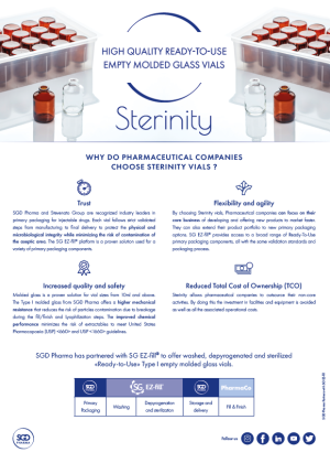 Sterinity, high quality ready-to-use molded sterile empty molded glass vials powered by SG EZ-Fill®