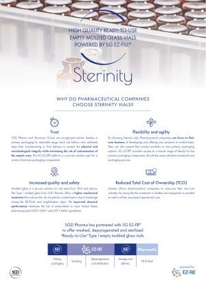 Sterinity, high quality ready-to-use molded sterile empty molded glass vials powered by SG EZ-Fill®